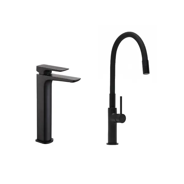 Promotion set mitigeur lavabo haut + mitigeur cuisine, bec flexible, aérateur Neoperl®, noir mat (SATBS285C) SWISS AQUA TECHNOLOGIES