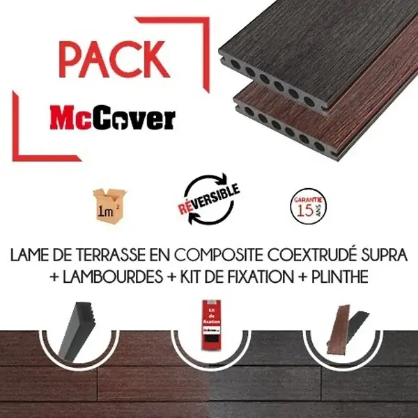 PACK 1 m² lame de terrasse composite coextrudé Supra avec ACCESSOIRES 3600 x 145 x 23 mm Acajou, ep.23 mm, l.14,5 cm, L.360 cm MCCOVER Vente Flash