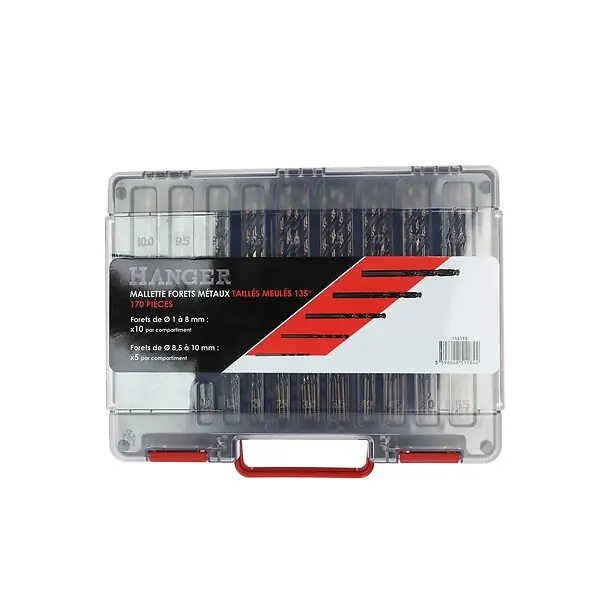 Acheter En Ligne Mallette de 170 forets en acier HSS pour métaux taillés meulés 135Â° - HANGER - 155195