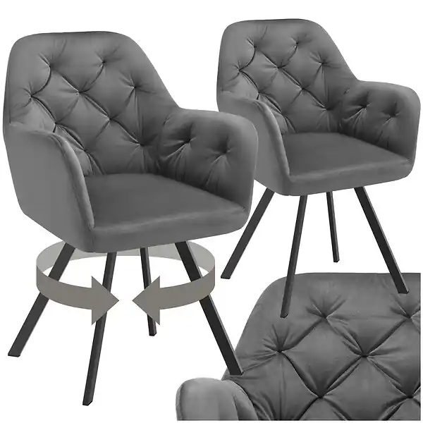 Vente Directe Lot 2 fauteuils pivotants 180° velours rembourrés motif matelassé gris TECTAKE