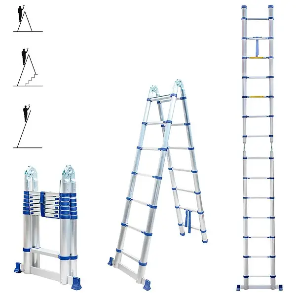 Marque Echelle télescopique articulée 4,4m STEMPAKT, escabeau 2x7 marches pliable professionnel multifonction, H max travail 5,3m, garantie 5 ans, Hoström HOSTRÃ–M