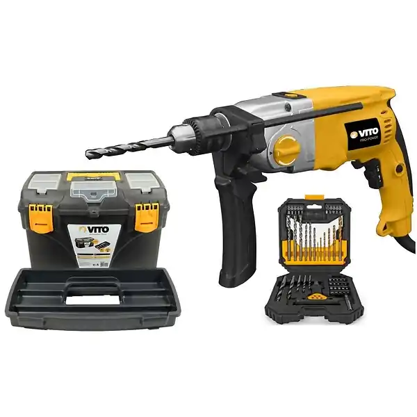 Expédition Rapide Perceuse à percussion 1050W + Coffret 50 pièces Forets et embouts + Boite à outils 18" VITO