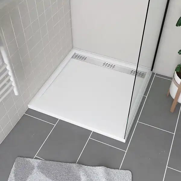 Promotion Saisonnière Receveur en acrylique Blanc 90x90x4 cm - Grille Linéaire Chrome - WHITENESS II AURLANE