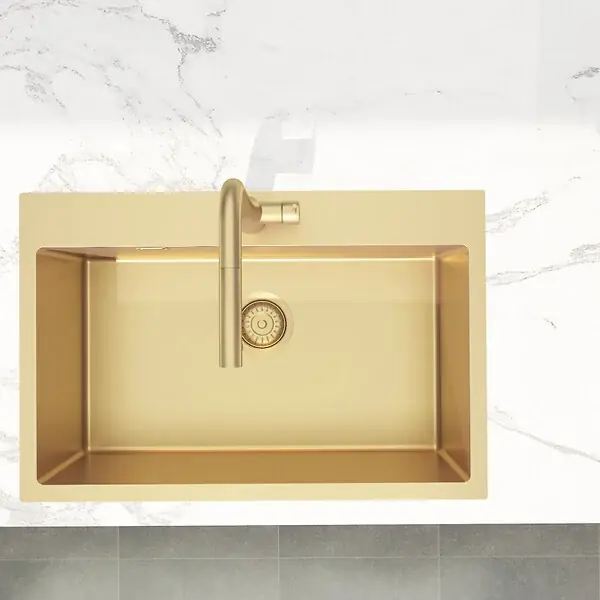 Swiss Aqua Technologies Aurum Évier de cuisine encastrable inox 304, 1 bac , 68x45x21 cm, Or brossé PVD Affaire À Saisir