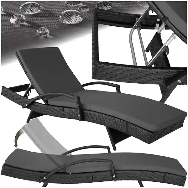 Achat Immédiat Bain de soleil rotin tressé noir dossier réglable 5 positions matelas moelleux TECTAKE