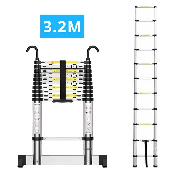 Expédié Aujourd'hui Echelle télescopique aluminium 11 marches H 3,2M avec crochets démontables et barre stabilisatrice SECURY-T