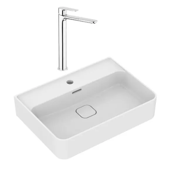 Ideal Standard Strada II lavabo 600x430 mm 1 trou + Swiss Aqua Technologies Mood mitigeur lavabo XL sans tirette, chrome (T300001SATBSM285) Haute Qualité
