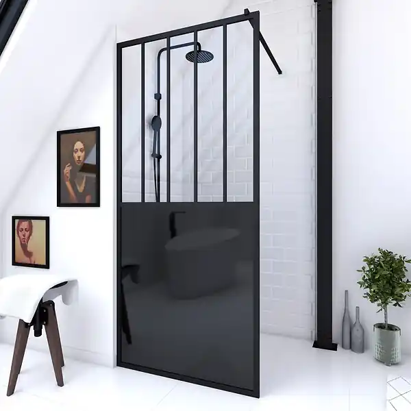 Bon Marché Paroi de douche 90x200 cm type Verriere - Verre trempe et Structure aluminium noir mat AURLANE