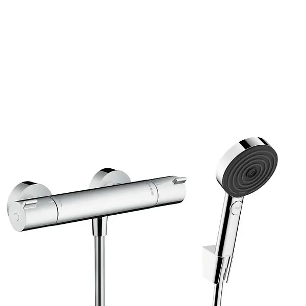 Hansgrohe Ecostat Set Mitigeur thermostatique douche + Douchette à main XXL 105mm 3 jets + Flexible de douche 125cm, support mural, Chrome Commander Vite