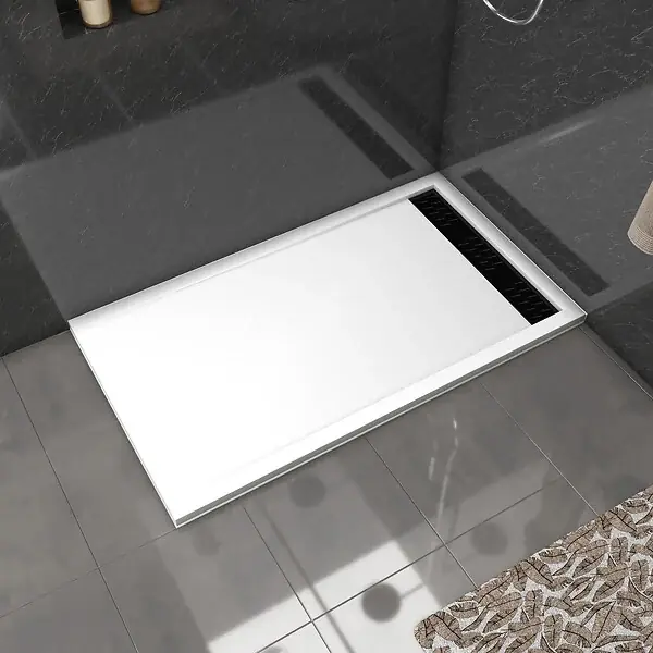 Authentique Receveur en acrylique Blanc 80x140x5 cm + Grilles Linéaires Chrome et Noire - WHITENESS II AURLANE