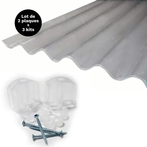 Dernière Chance Lot 2 plaques polycarbonate ondulées alvéolaire GO 177/51 mm + 3 kits de fixation Translucide, l.92cm, L.305 cm MCCOVER