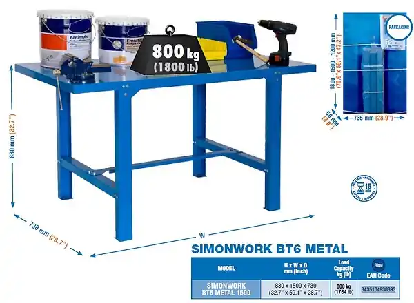 Simonrack - Etabli 830x1500x730mm Bleu - Bt6 Metal 1500 SIMON RACK Authentique