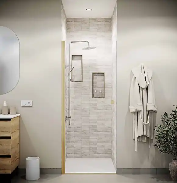 Jusqu'à Épuisement Des Stocks Porte de Douche Pivotante 90x195cm - Verre Trempe 8mm Anticalcaire - Alu Or Brosse - GOLD ELEMENTARY AURLANE