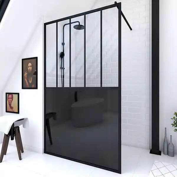 Prix Choc Paroi de douche 120x200 cm type Verriere - Verre trempe et Structure aluminium noir mat AURLANE