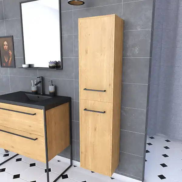 Marque Colonne de salle de bain chêne brun 30x35x150 cm avec 2 portes chêne brun et poignées noir mat AURLANE
