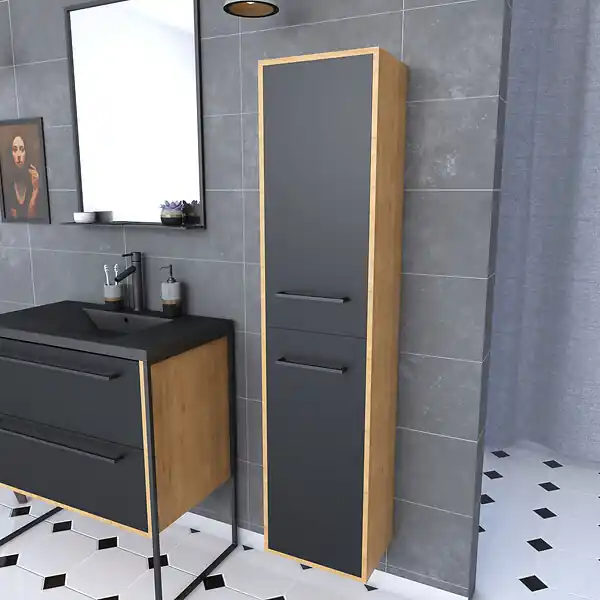 Promotion Colonne de salle de bain chene brun 30x35x150 cm avec 2 portes et poignees noir mat - STRUCTURA F083 AURLANE