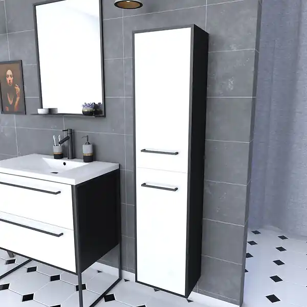 Colonne de salle de bain NOIR MAT 30x35x150 cm avec 2 portes blanches et poignées noir mat AURLANE Affaire À Saisir