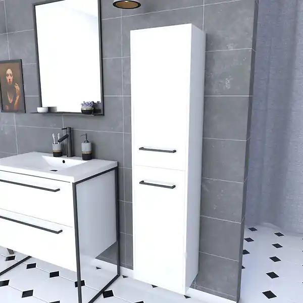 Colonne de salle de bain blanche 30x35x150 cm - 2 portes blanches poignees noir mat - STRUCTURA P015 AURLANE Offre Limitée