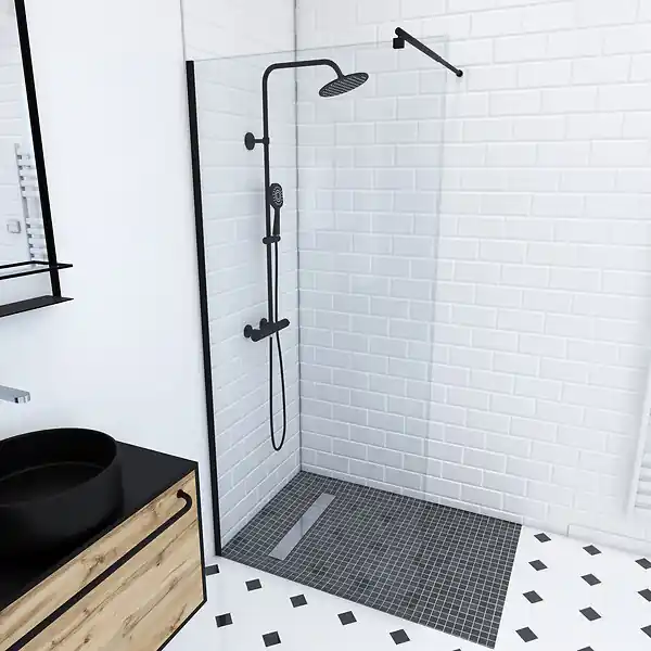 Paroi de Douche 90x200cm Verre Transparent - Barre de Fixation Extensible et Profil Noir AURLANE Seulement Aujourd'hui