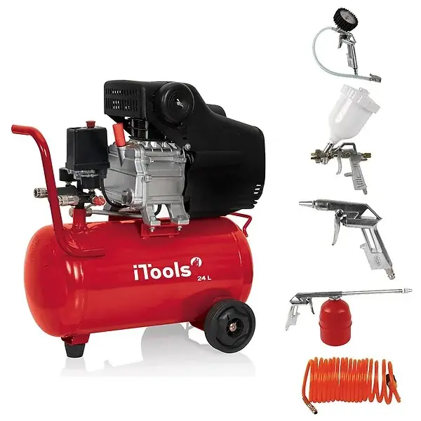 Remise Compresseur d‘air 24 Litres 8 bar 2CV 1.5KW 115 PSI + Kit Air comprimé 5 Pièces ITOOLS