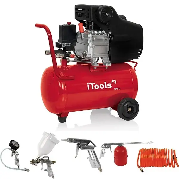 Compresseur d‘air 24L 8 bar 2CV 1.5KW 115 PSI + Kit Air comprimé 5 Pièces ITOOLS Quantité Limitée