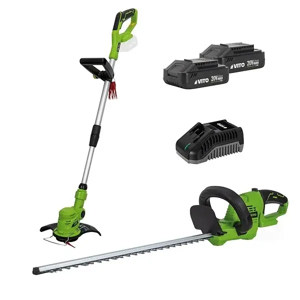 Authentique Pack 2 outils 20V Coupe Bordure + Taille Haies + 2 Batteries Lithium 2.0Ah + Jeu de 20 lames + Chargeur VITO