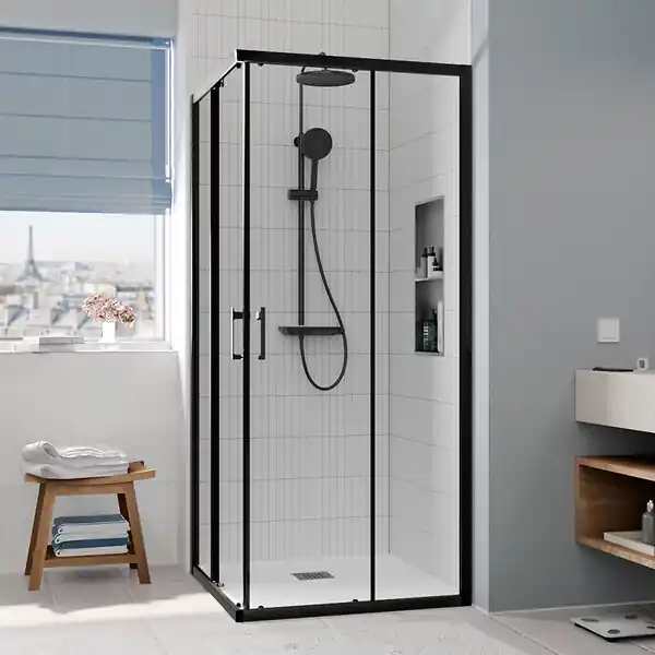 CASCADA Porte de douche 80x80x195cm coulissante anticalcaire avec profilés Noir mat (CERAHC8080B) CERAMIA Prix Cassé