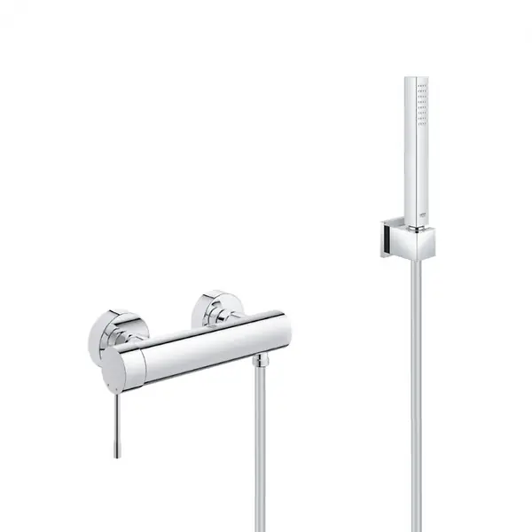 Grohe Set de douche Mitigeur de douche Essence + Douchette Stick 1 jet, support mural, flexible, Chrome (33636001-CUBESTICK) Top Vente