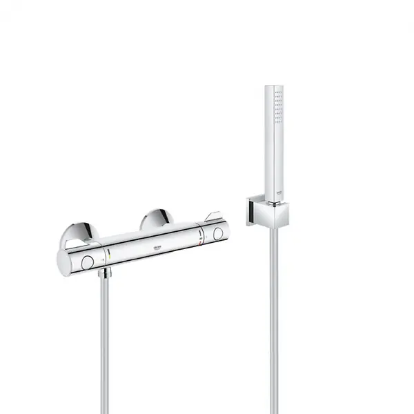 Grohe Set de douche Mitigeur thermostatique Grohtherm + Douchette Stick 1 jet, support mural, flexible, Chrome (34558000-CUBESTICK) Top Vente