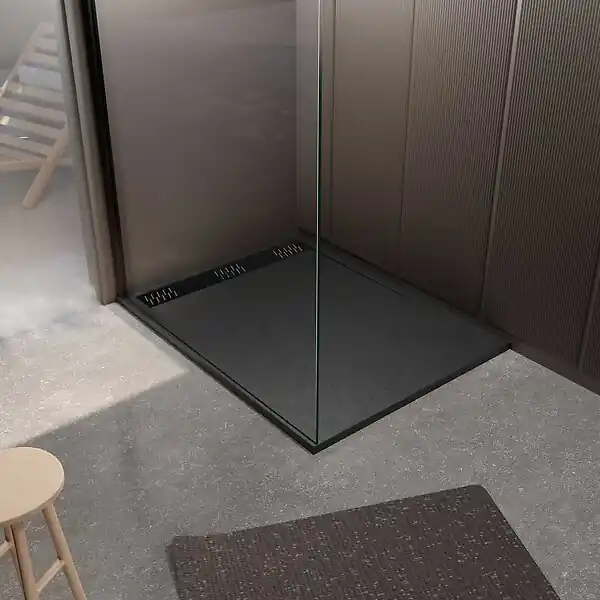 Receveur de douche en résine noir 90x120x3 cm effet pierre granit + grille linéaire noire mate AURLANE Paiement Sécurisé