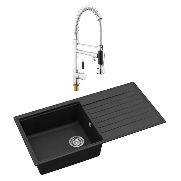 Nouvel Arrivage Swiss Aqua Technologies 100x50 cm évier avec égouttoir réversible en granite à encastrer + mitigeur bras pivotant 2 jets, noir mat (SATSINKGQK103B-S2)