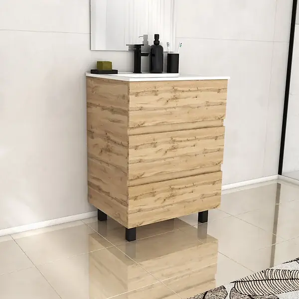 Meuble de salle de bains 60cm 3 Tiroirs_Chêne Naturel + Vasque céramique blanche - TIMBER 60 AURLANE Achat Immédiat