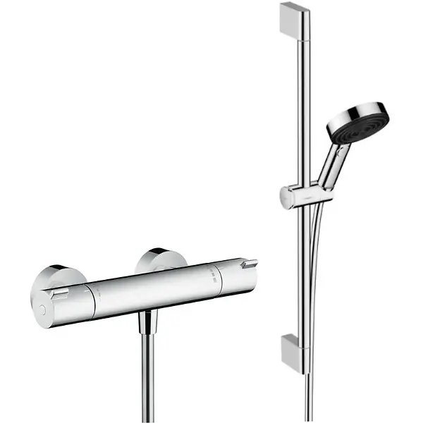 Hansgrohe Ecostat Set Mitigeur thermostatique douche + Douchette à main XXL 105mm 3 jets, flexible douche 160cm, barre 65cm Satisfait Ou Remboursé