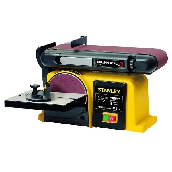 Ponceuse d‘établi 370W Disque 150mm Abrasif 100x914mm Base Fonte anti basculement Ponçage Polissage Bois & Métaux Stanley Vente Flash