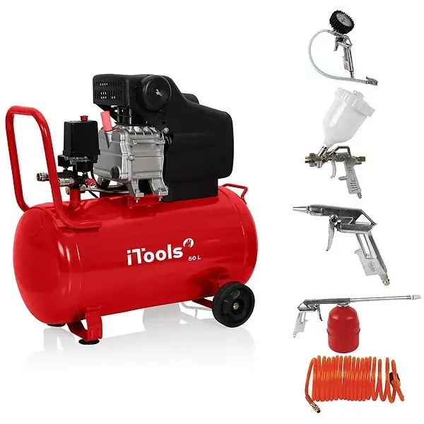 Compresseur d‘air 50L 8 bar 115 PSI Silencieux 2CV 1.5KW + Kit 5 accessoires air comprimé ITOOLS Soldes