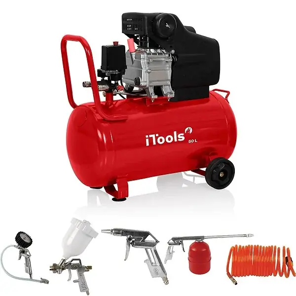 Haute Qualité Compresseur d‘air 50L à huile 8 bar 115 PSI Silencieux 2CV 1.5KW + Kit 5 accessoires air comprimé ITOOLS