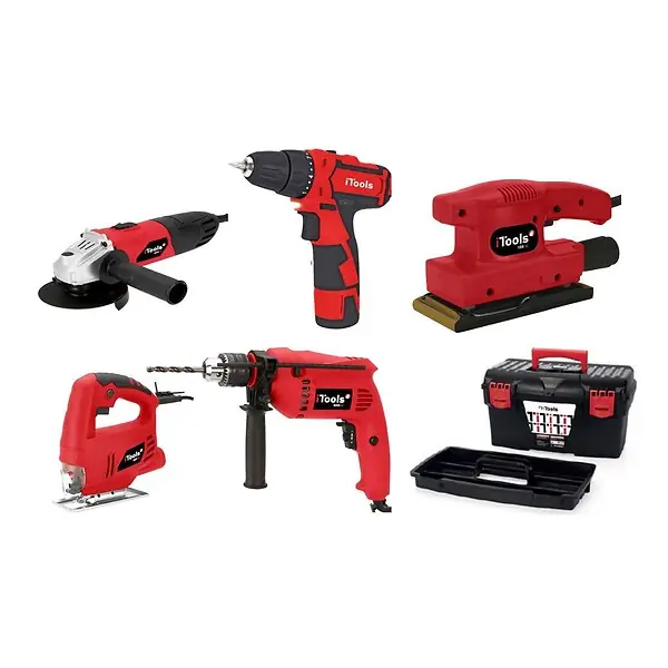 Affaire À Saisir Pack 5 outils Meuleuse 500W Perceuse 500W Visseuse 12V Scie sauteuse 350W Ponceuse 135W + Boite à outils 18‘ ITOOLS