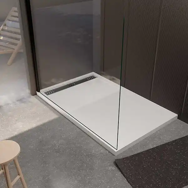 Receveur de douche en résine blanc 90x140x3 cm effet pierre granit + grille linéaire Chrome AURLANE Meilleure Vente
