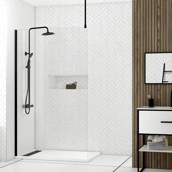 Paroi de Douche 120x200cm Verre Transparent - Profilé + Barre Plafond Noire - FREEDOM 2 BLACK AURLANE Populaire