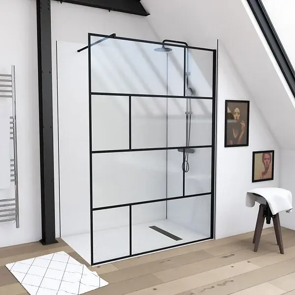 Livraison Express Paroi de douche a l‘italienne serigraphie type Briques - 140x195cm - Profile noir mat - verre 5mm AURLANE