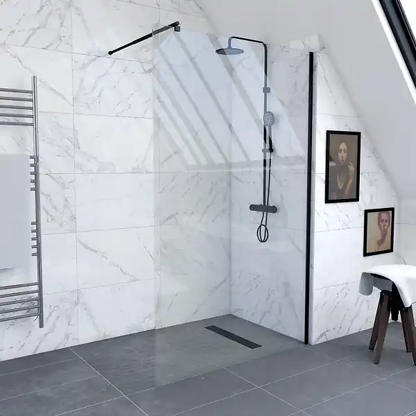 Certifié Paroi de Douche 120x200cm Verre Transparent - Barre de Fixation Extensible et Profil Noir AURLANE
