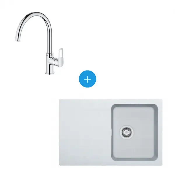 Prix Cassé Franke Kit Évier Orion à encastrer en Tectonite, 780x500mm, Blanc Polaire + Mitigeur Grohe Bauloop, col de cygne, Chrome