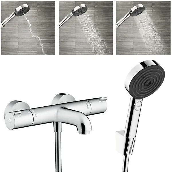 Hansgrohe Ecostat Set Mitigeur Thermostatique bain/douche + Douchette à main 105mm 3 jets + Flexible douche 160cm + Support mural, Chrome Acheter Direct