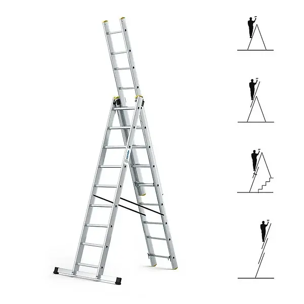 Echelle transformable 3 plans StablePro 3x9 marches aluminium extensible coulissante, 6 positions, hauteur travail max 6,10m, garantie 5 ans, Hostrom HOSTRÃ–M Retour Gratuit