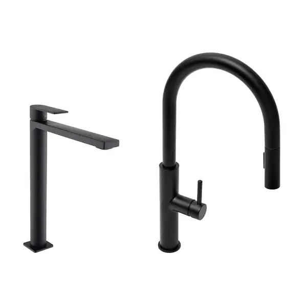Swiss Aqua Technologies set mitigeur lavabo XL + mitigeur cuisine avec douchette extractible 2 jets, noir mat (SATBSBW285C) Certifié