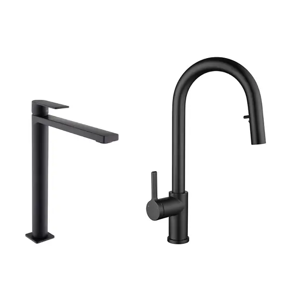 B-Way set mitigeur lavabo XL + mitigeur cuisine Ceramia Timeless acier inoxydable, douchette extractible, noir (SATTMLBM285BM) SWISS AQUA TECHNOLOGIES Remise