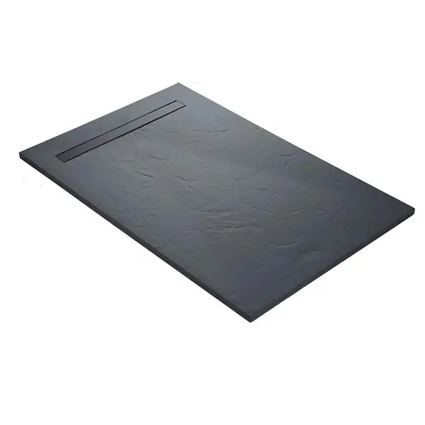 Top Vente Receveur résine U-Tile imitation marbre noir - grille caniveau excentrée MARMOX