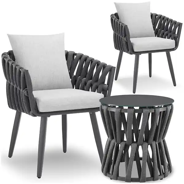 Acheter En Ligne Ensemble salon de jardin 2 places table chaises rope gris anthracite coussins déperlants aluminium verre mobilier extérieur terrasse TECTAKE