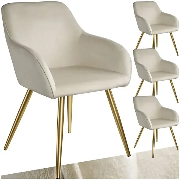 Meilleure Vente Ensemble de 4 chaises rembourrées aspect velours crème et or TECTAKE