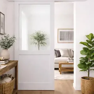 Prix Bas Porte Coulissante Atelier Blanc H204 x L83 cm sans meneau, Rail alu Bandeau Blanc GD MENUISERIES